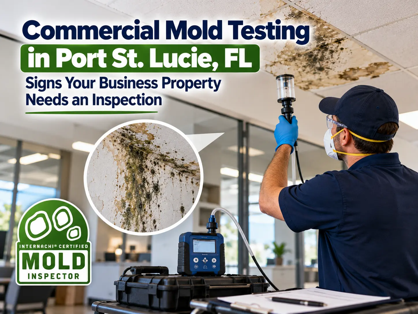 Commercial mold testing in Port St. Lucie, FL, showing an inspector collecting air samples near a mold-damaged office ceiling, with professional testing equipment and an InterNACHI certification logo