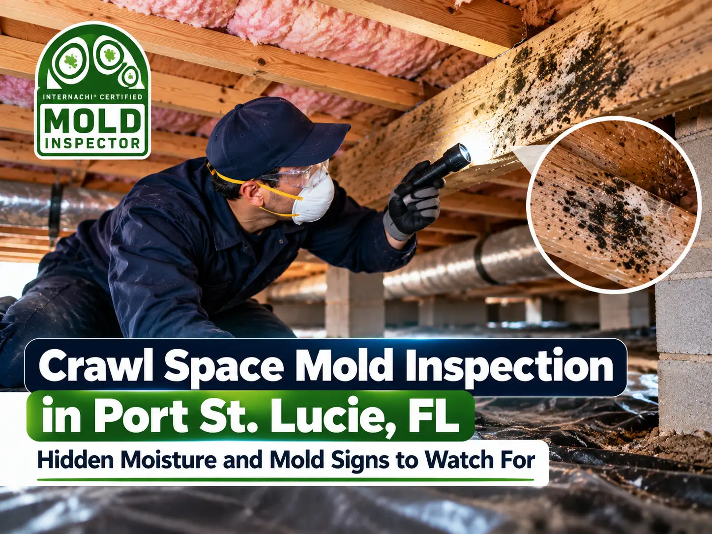 Inspector examining mold growth and hidden moisture on wooden floor joists beneath a home during a crawl space mold inspection in Port St. Lucie, FL.
