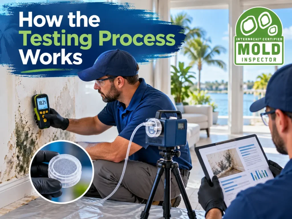 Mold inspector performing the testing process in a Fort Pierce home using professional inspection and sampling equipment.