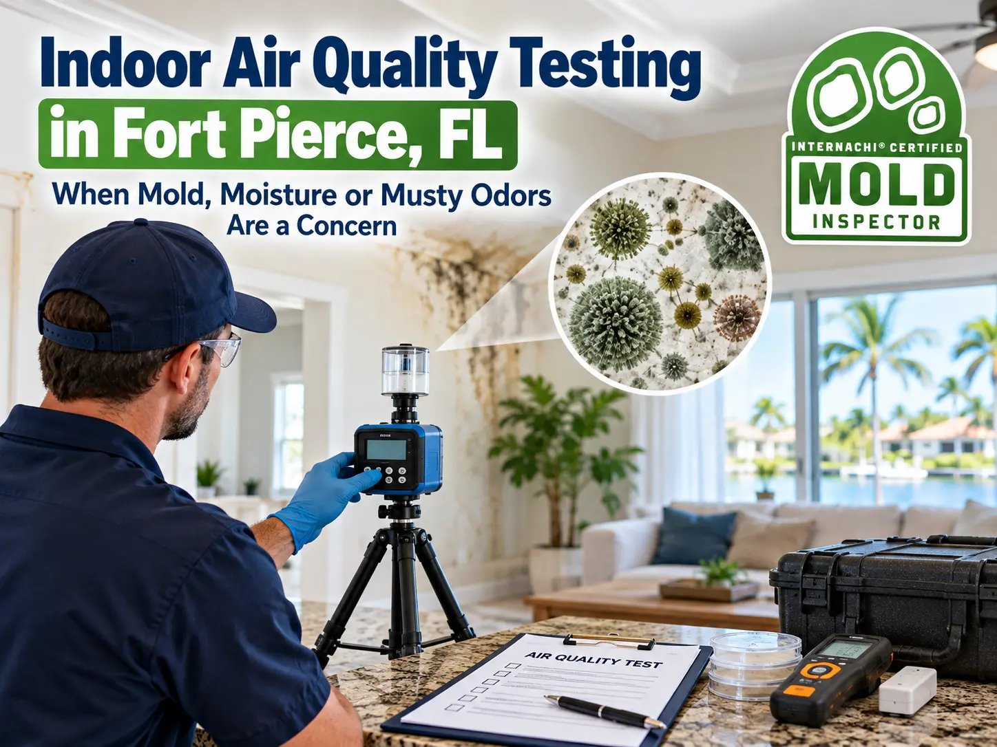 Indoor air quality testing in Fort Pierce, FL, showing a mold inspector operating air sampling equipment in a home with moisture damage and an InterNACHI-certified mold inspector logo.