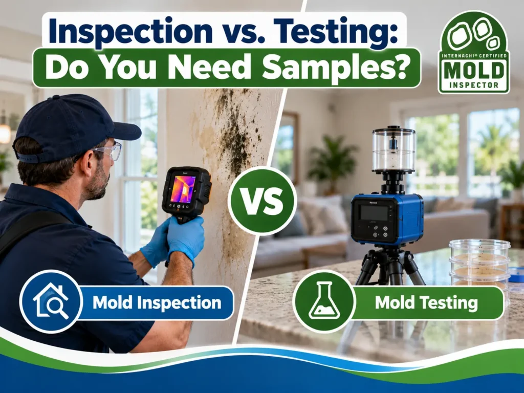 Comparison of mold inspection and mold testing, showing an inspector using thermal imaging to detect moisture and air sampling equipment collecting mold spores, with an InterNACHI certification logo.