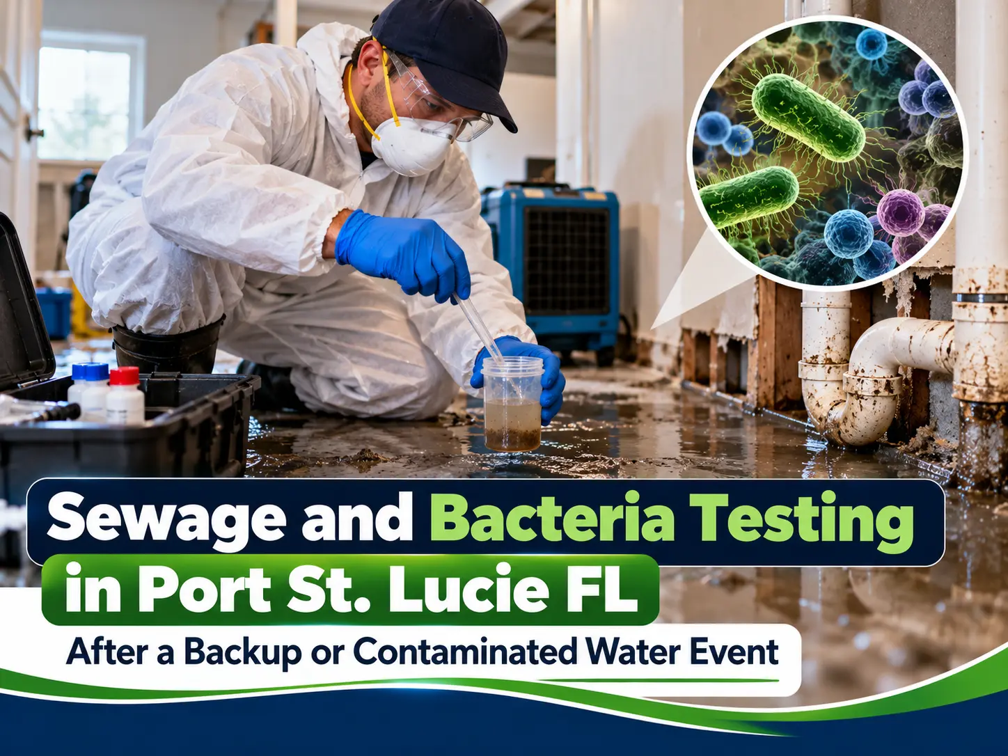 Inspector wearing protective equipment collecting a contaminated water sample near sewage-damaged plumbing during sewage and bacteria testing in Port St. Lucie, FL.