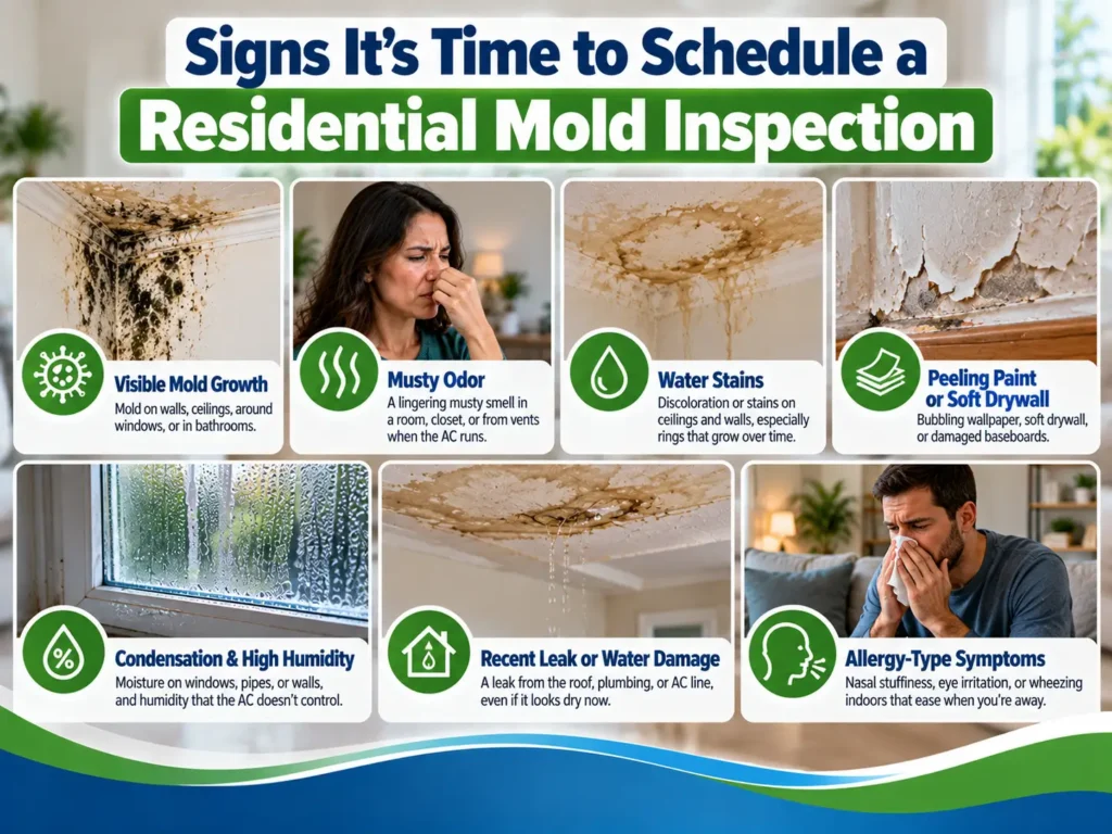 Seven signs that indicate a residential mold inspection may be needed, including visible mold growth, musty odors, water stains, peeling paint, high humidity, recent leaks, and allergy-type symptoms.