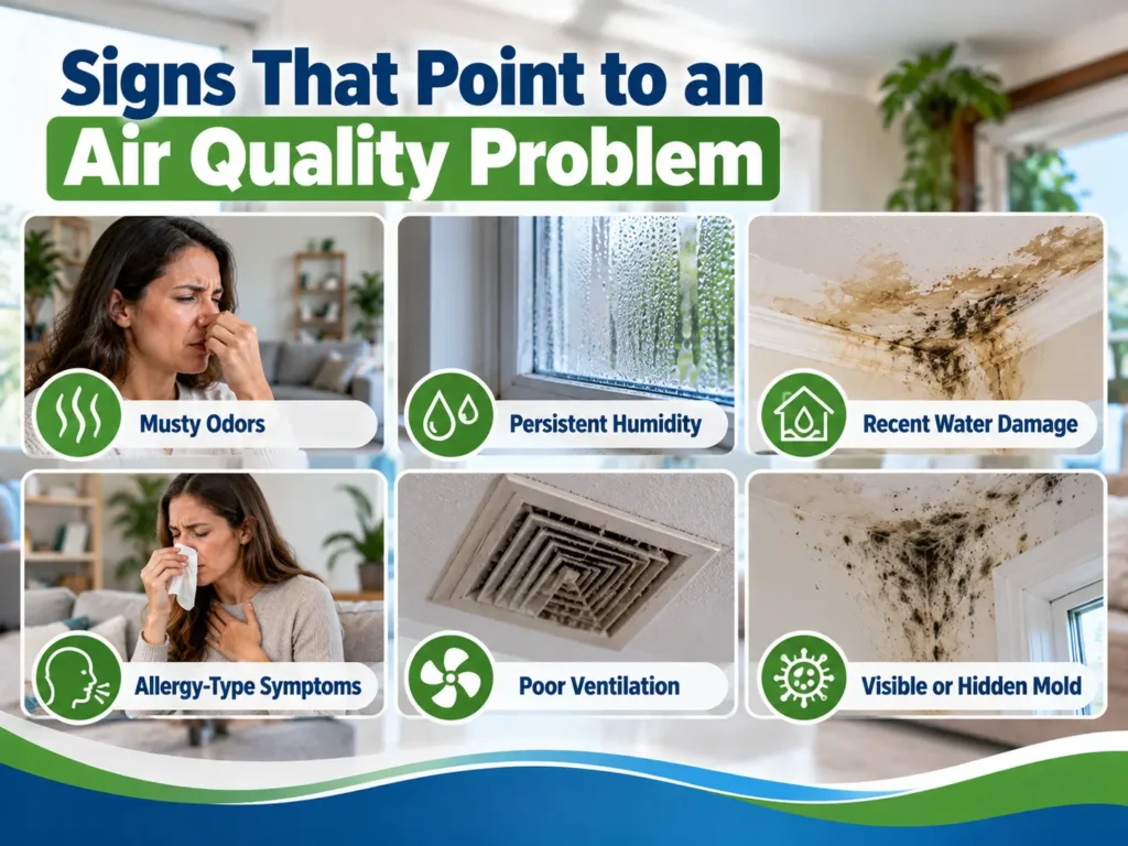 Six signs of indoor air quality problems, including musty odors, persistent humidity, recent water damage, allergy-type symptoms, poor ventilation, and visible or hidden mold