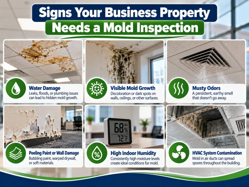Six signs a commercial property needs a mold inspection, including water damage, visible mold growth, musty odors, peeling paint, high indoor humidity, and HVAC system contamination.