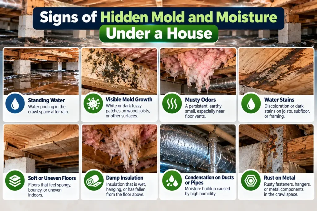 Eight signs of hidden mold and moisture under a house, including standing water, visible mold growth, musty odors, water stains, uneven floors, damp insulation, pipe condensation, and rusted metal.