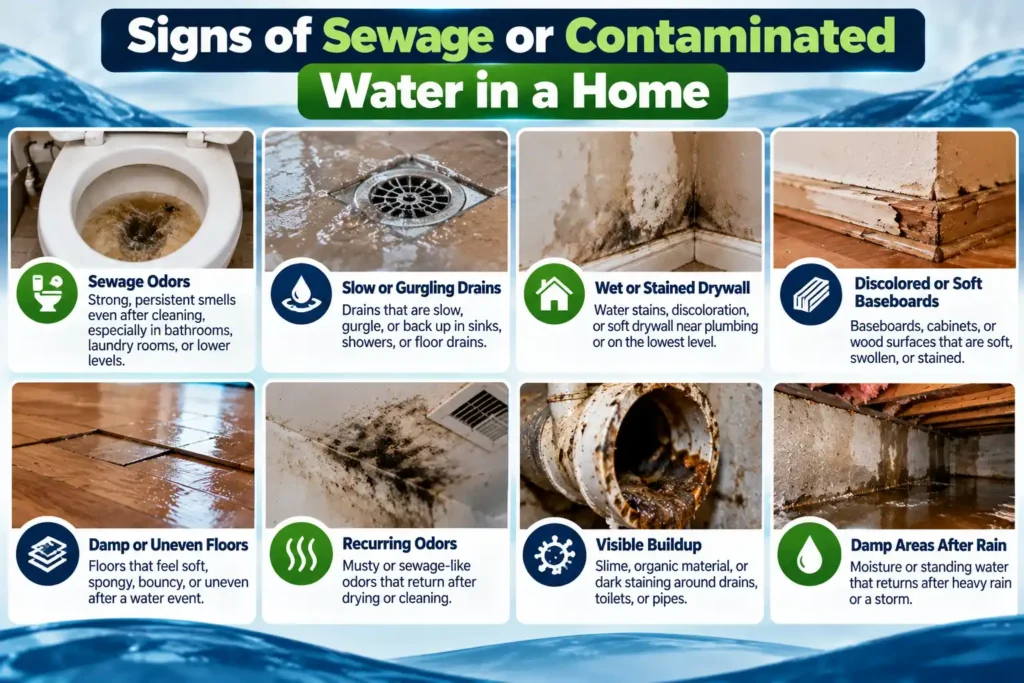 Eight signs of sewage or contaminated water in a home, including sewage odors, slow or gurgling drains, stained drywall, damaged baseboards, damp floors, recurring odors, visible buildup, and moisture after rain.