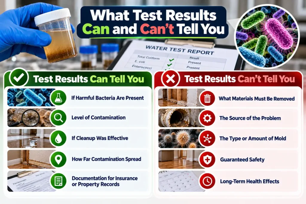 Infographic comparing what sewage bacteria test results can and cannot reveal, including bacteria detection, contamination levels, cleanup verification, and testing limitations.
